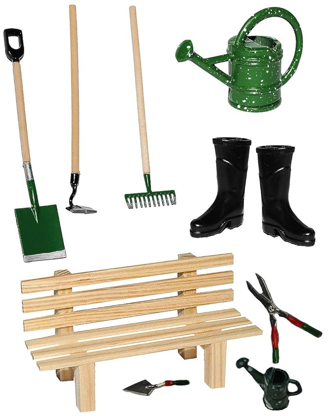 alles-meine.de GmbH 10 TLG. Set: Gartengeräte + Gummistiefel + Gießkanne + Gartenbank - Miniatur - Maßstab 1:12 - für Puppens