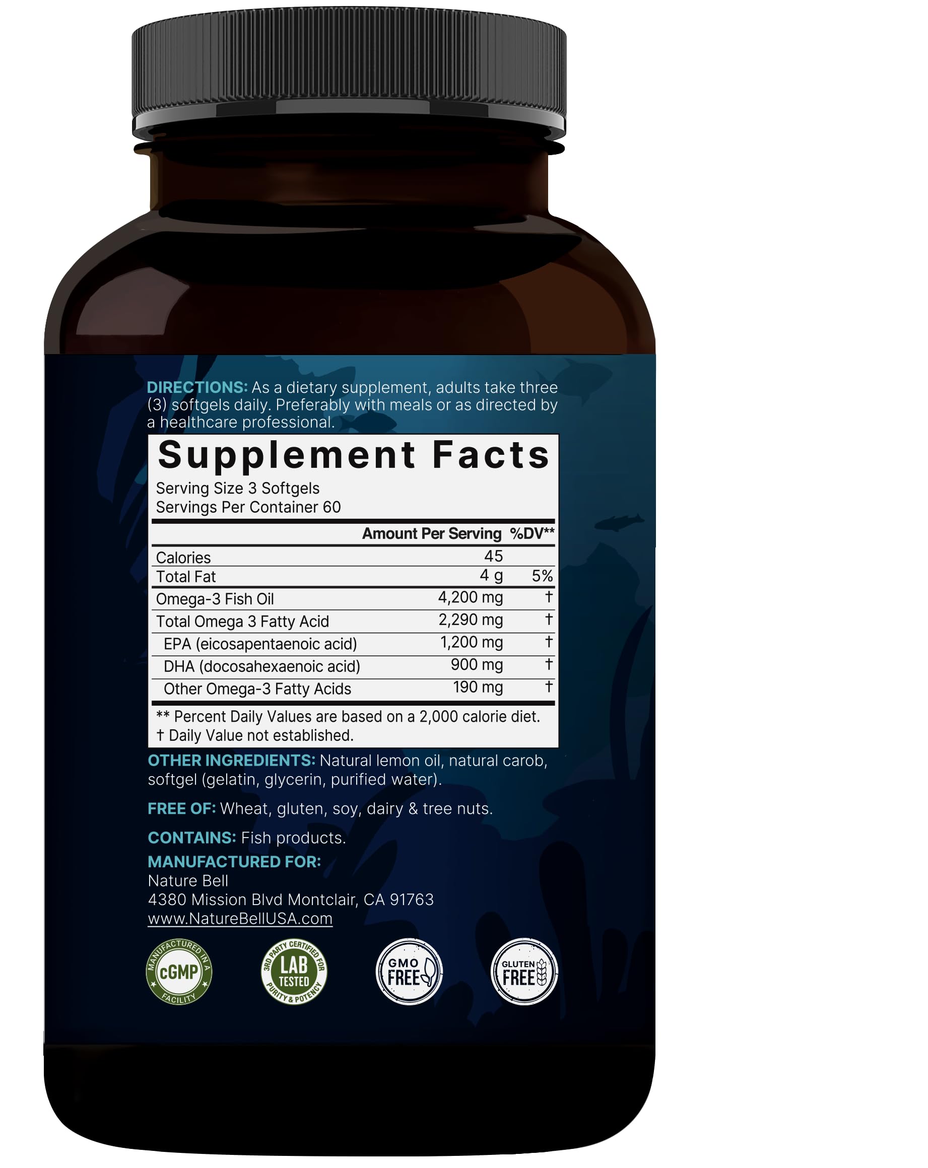 Omega 3 Fish Oil 4,200mg, 180 Burpless Softgels, Highly Purified EPA 1,200mg & DHA 900mg | Lemon Flavored | Premium Wild Caught Fish from Deep Sea – Heart & Brain Support – Mercury Free & Non-GMO