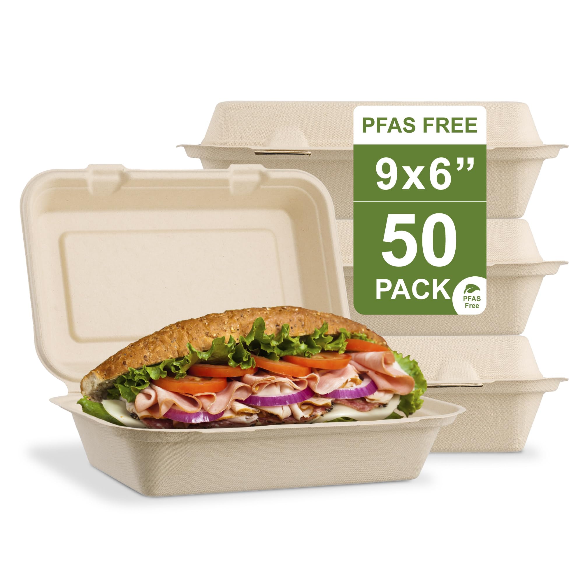 Photo 1 of [50 COUNT]Harvest Pack PFAS FREE 9 X 6" Compostable Clamshell Food Containers, Heavy-Duty Hinged Container, Disposable Bagasse Eco-Friendly Natural Takeout to go Box, Made from Sugarcane Plant