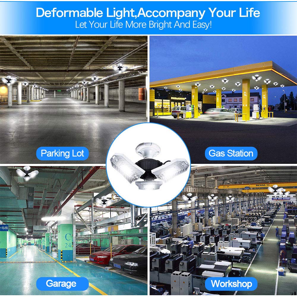 Garage Light 6000 Lm Deformable LED Garage Ceiling Lights 60W CRI 80 Led Shop Lights for Garage 3 Adjustable Panels Utility Led Garage Lighting (No Motion Activated) (60W Standard)