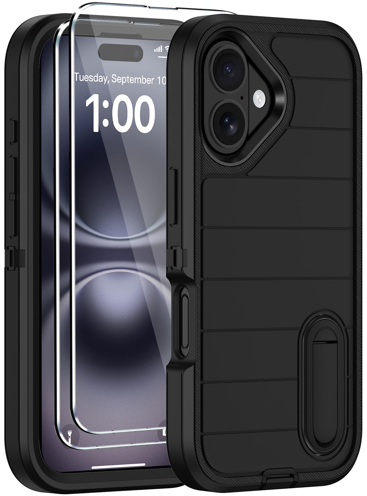 Photo 1 of KECAI for iPhone 16 Plus Case with 2 Screen Protectors,Heavy Duty Shockproof Drop Protection Military Grade Tri-Layer Rugged Phone Cover with Built-in Invisible Kickstand for Apple 16 Plus (Black)