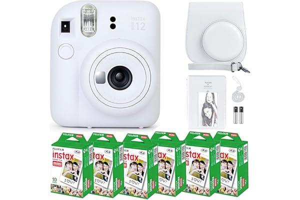 Fujifilm Instax Mini 12 Instant Camera Clay White & 60 Fuji Film Sheets | Bundle with Sturdy Tiger Accessories, Carrying Case and 64-Pocket Photo Album