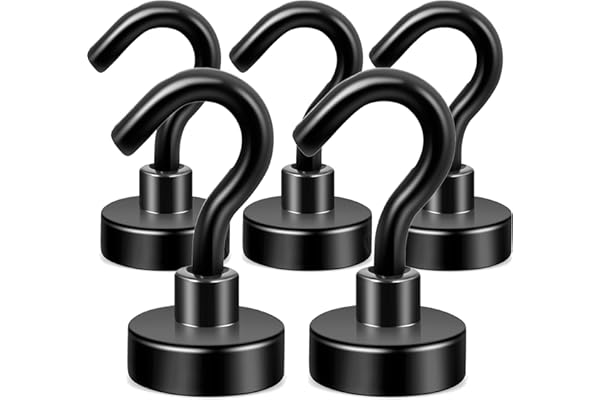 Neosmuk Black Magnetic Hooks,27lb Heavy Duty Earth Magnets with Hook for Refrigerator, Extra Strong Cruise Hook for Hanging, Magnetic Hanger for Curtain, Grill (Black, Pack of 5)