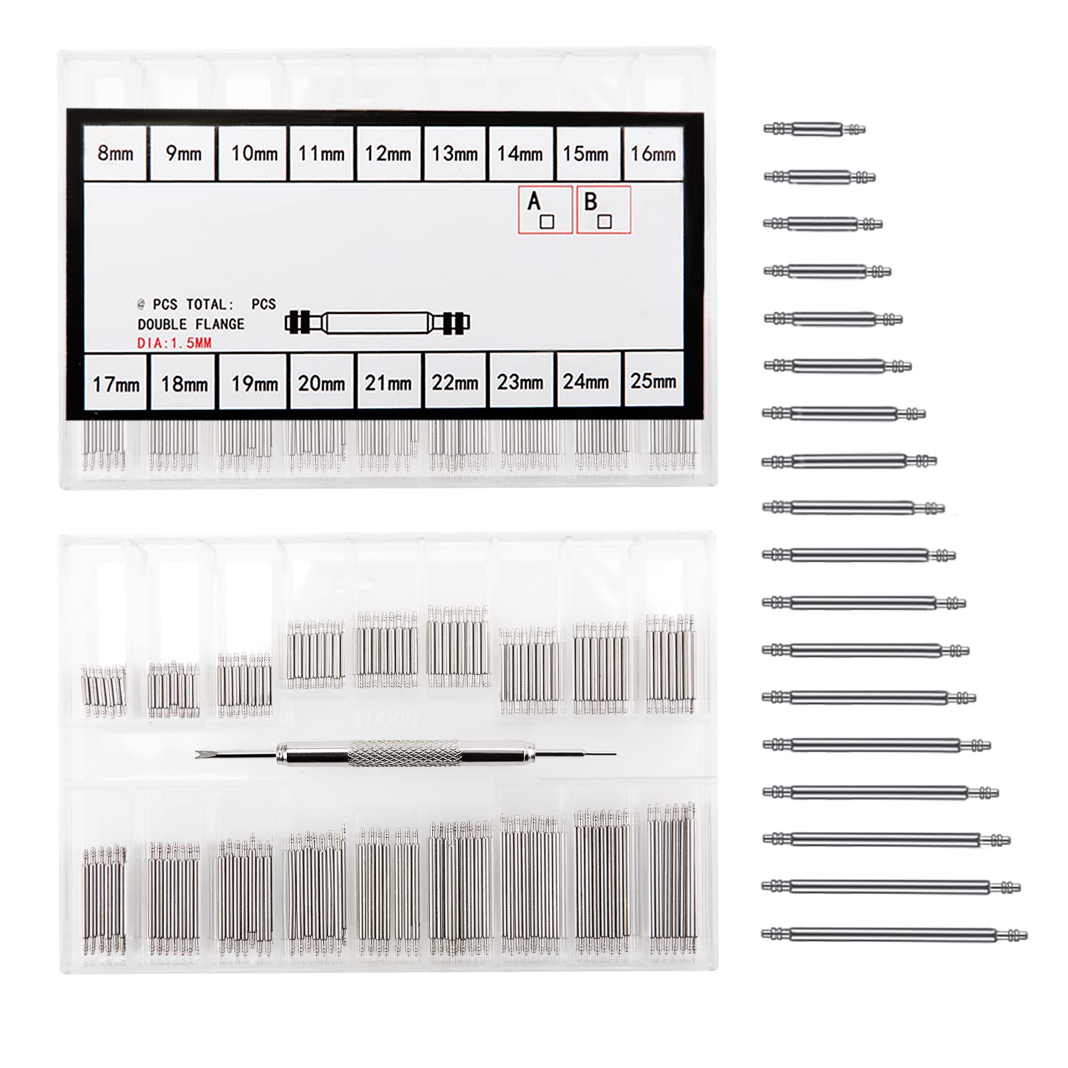 YIXISI 144 PCS 1.5mm Watch Spring Bars, Stainless Steel Watch Band Link Pins Spring Bars Watch Pin Remover Tool Set 8mm-25mm (Silver)