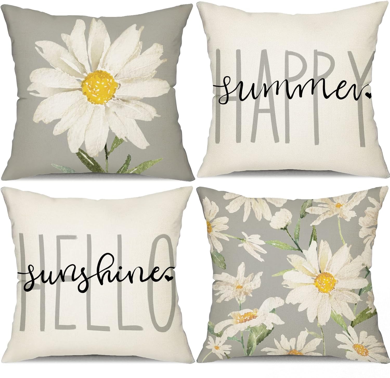 BAOKU Cushion Covers 45x45 cm Pillow Covers Spring Decorative Home Decor for Bed Couch Sofa Bedroom Office Pack of 4 Grey White flowers Pattern Linen Pillowcase