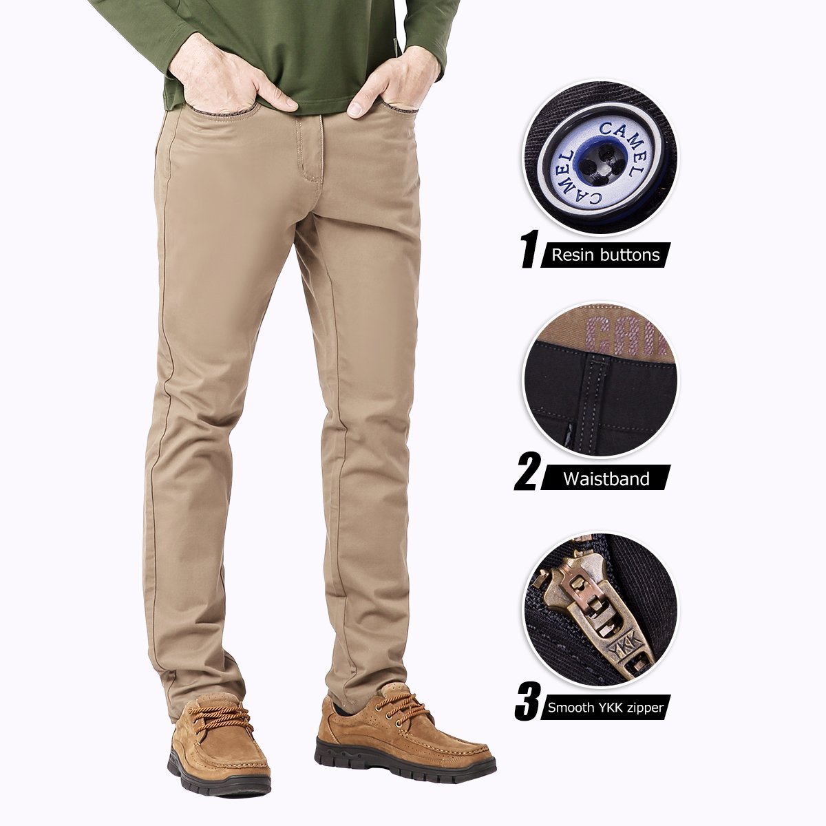 Camel Mens Dress Pants Stretch Cotton Riptop Twill Straight Fit Flat Front Casual Long Work Pants Khaki Pants for Men,Khaki,39W/34L