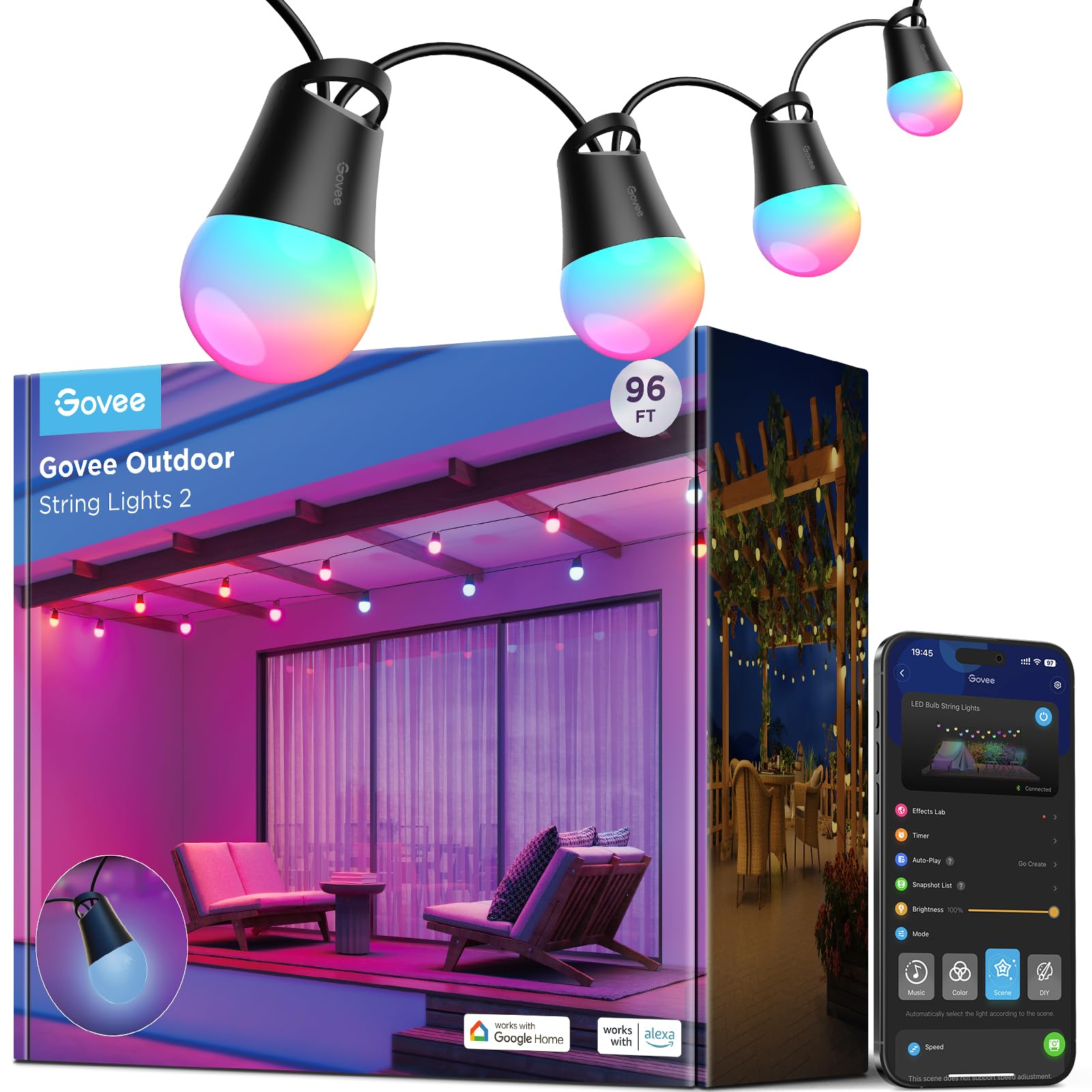 Govee Outdoor Smart String Lights 2, 30M Dimmable RGBICW Outdoor Lights ...
