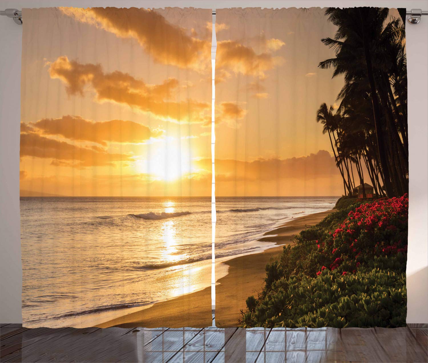 ABAKUHAUS Hawaiian Curtains, Warm Tropical Sunset on Sands of Kaanapali Beach in Maui Hawaii Traveling, Living Room Bedroom Window Drapes 2 Panel Set, 280 x 225 cm, Orange Green Pink
