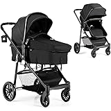 BABY JOY Baby Stroller, 2 in 1 Convertible Carriage Bassinet to Stroller, Pushchair with Foot Cover, Cup Holder, Large Storag