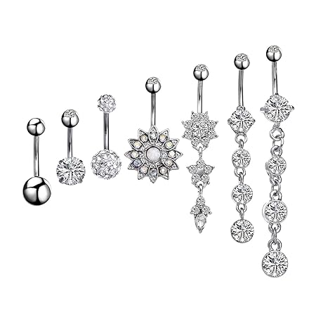 7 Stück Bauchnabel Ringe Baumeln set 14g Nabelpiercing Titan Edelstahl,Bauchnabelpiercing Bauchnabel Piercing Bauch Kristall 