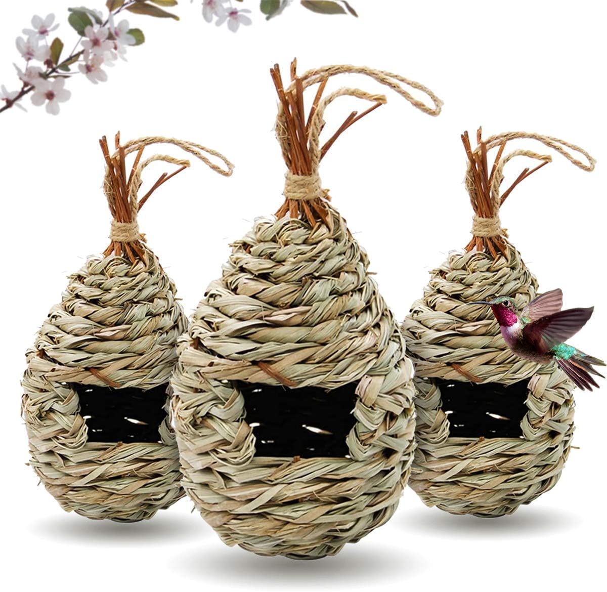 Gute Humming Bird Houses for Outside Hanging, Natural Grass Hanging Bird Hut, Hand Woven Hummingbird Nest, Large Wren Finch Bird House for Garden Window Outdoor Home Decoration, 3 Pack : Garden & Outdoor
