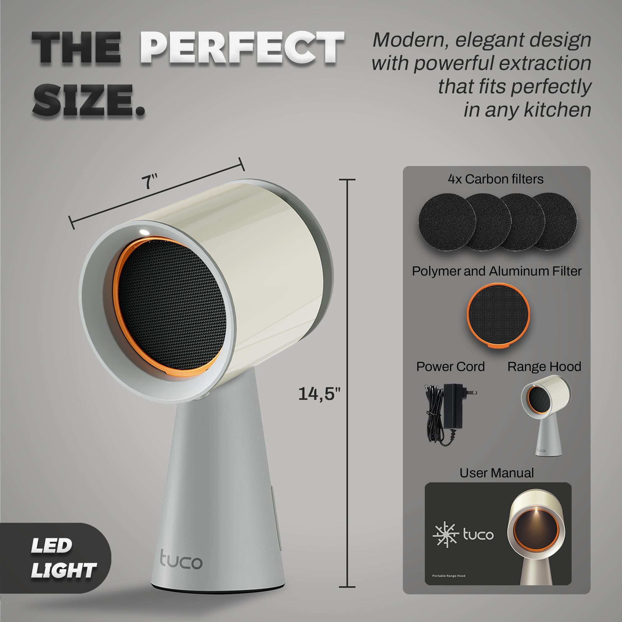 TUCO Portable Range Hood, Desktop Kitchen Exhaust Fan with 3 Speeds, Triple Filter Polymer, Aluminum & Carbon, Low Noise, Oil Collection Cup, Smoke Air Purifier for Indoor BBQ (Grey)