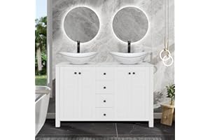 SOLIDEE 48" White Bathroom Vanity with Marble Texture Top and 4 Drawers, Modern Standing Pedestal Cabinet with Two Boat Ceramic Vessel Sinks