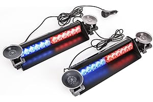 SMALLFATW Split Strobe Light Bar Dual 12 LED 16" 9 Flashing Modes, Four-Way Adjustable Locking Suction Cup, Visor Dash Windshield Warning Emergency Light for Car Truck Vehicles, Red&Blue 2PCS