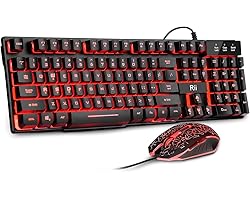 Rii Gaming Keyboard and Mouse Set, 3-LED Backlit Mechanical Feel Business Office Keyboard Colorful Breathing Backlit Gaming M