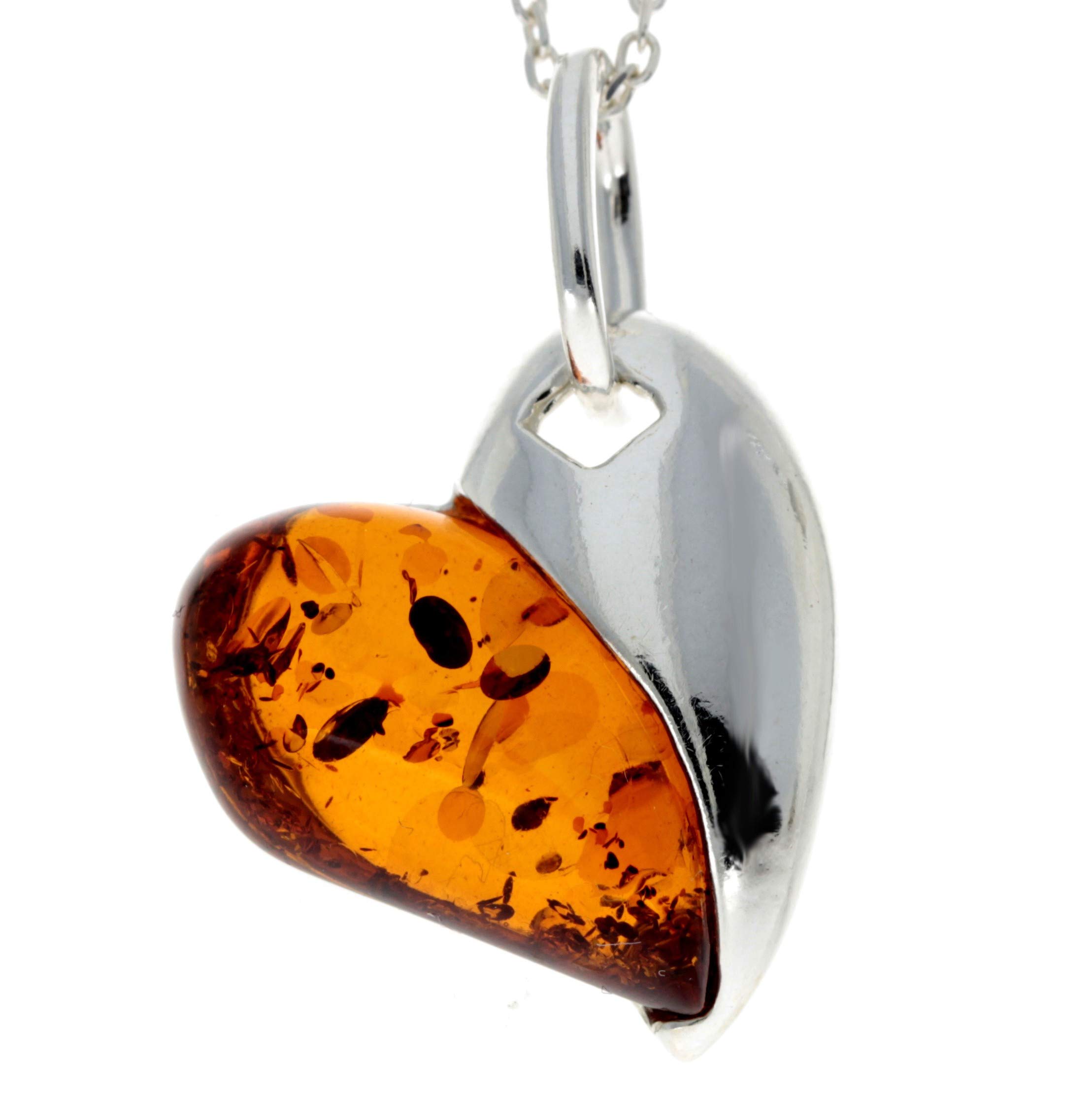 Modern Genuine Cognac Baltic Amber & Sterling Silver Heart Pendant without Chain - GL239C