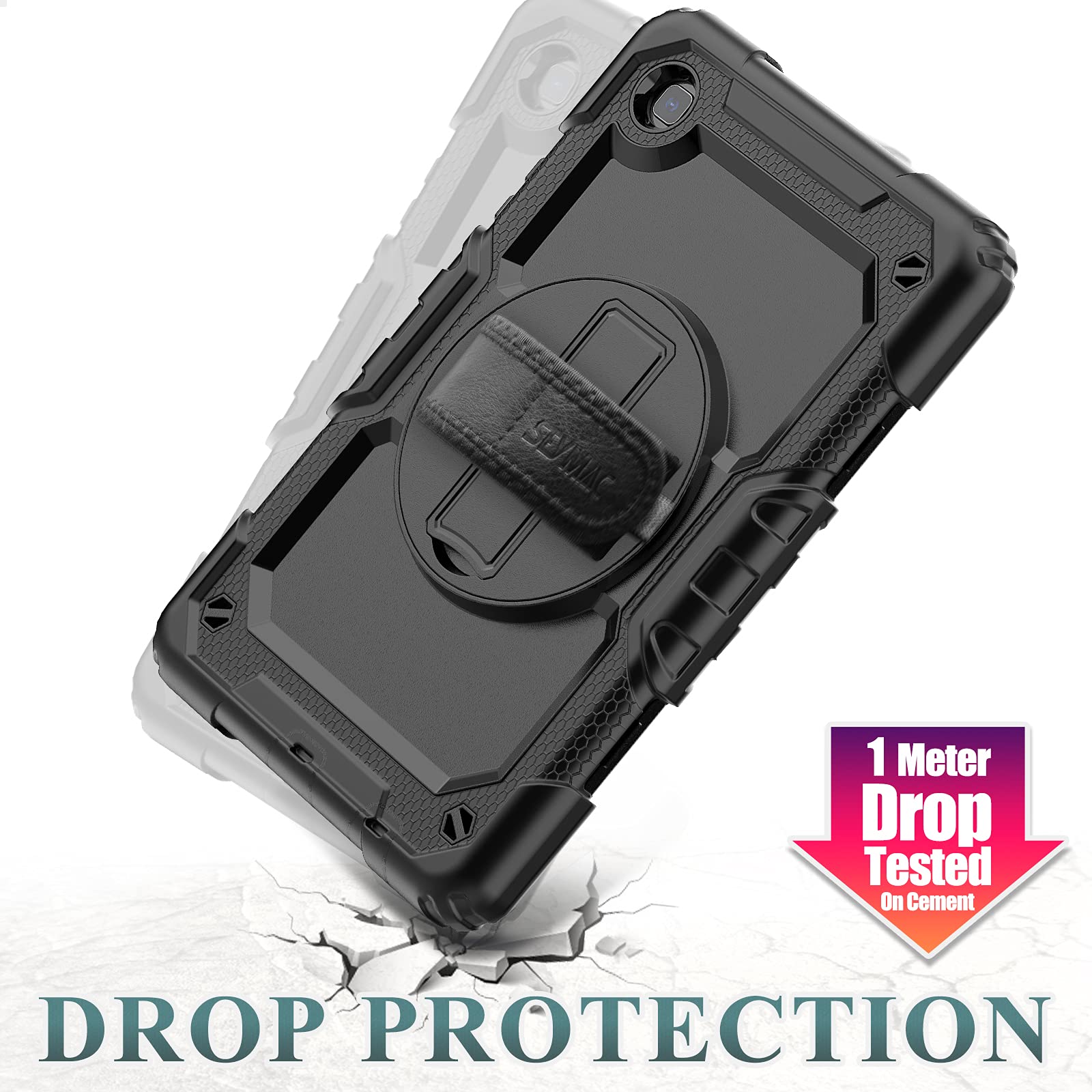 Case for Samsung Galaxy Tab A7 Lite 2021 8.7'' SM-T220/T225/T227 with Screen Protector Pencil Holder [360 Rotating Hand Strap] &Stand, SEYMAC stock Drop-Proof, Black