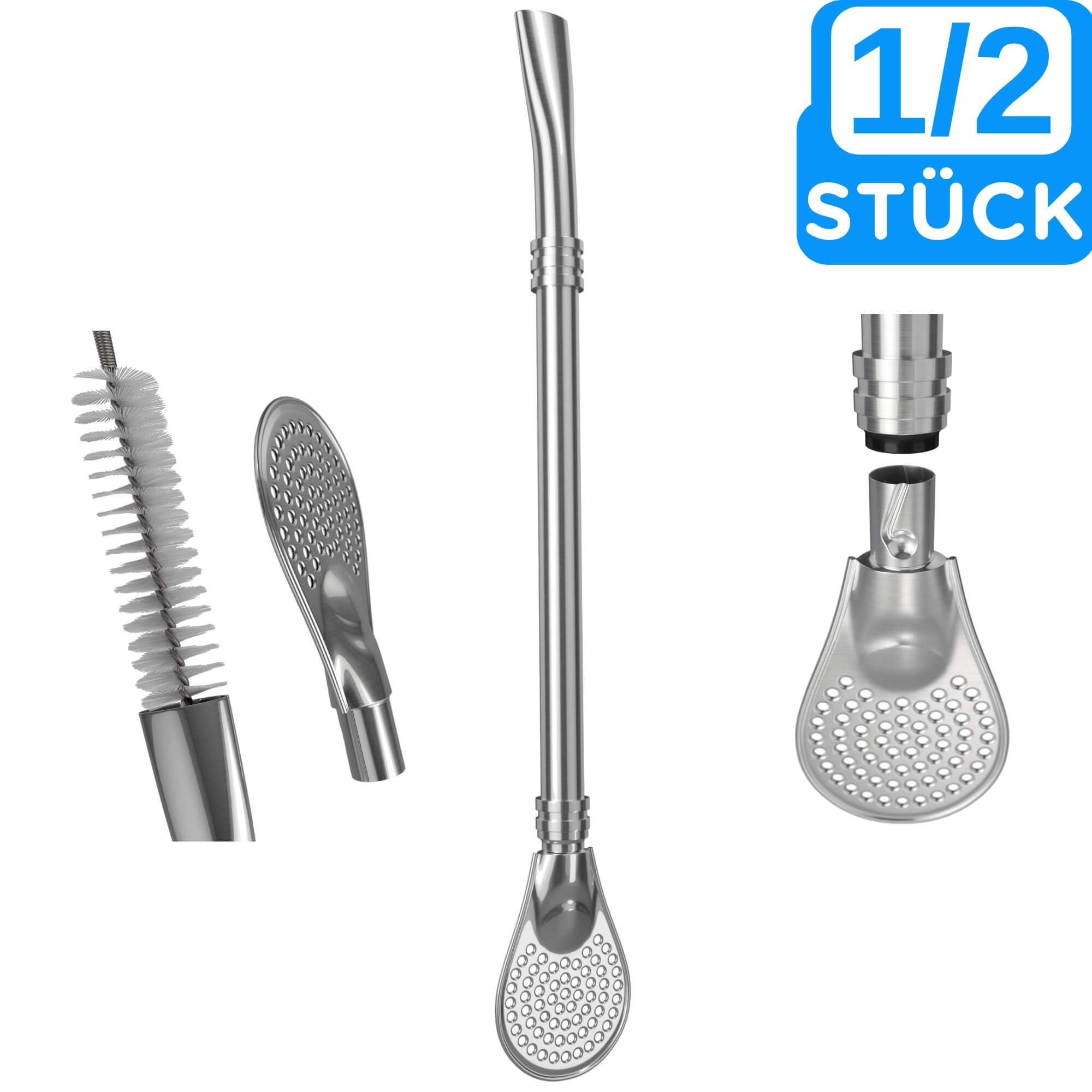 2 PACK & Cleaning Brush | 4mate Premium Bombilla Extra LONG: Silver 18 cm stainless steel drinking tube | special strainer for Yerba Mate Tea & Matcha & loose tea enjoyment