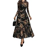 BEAUDRM Women's Fall Wedding Guest Dress Long Sleeve Floral Elegant Mesh Ruffle Flowy Boho Maxi Dress Black Medium