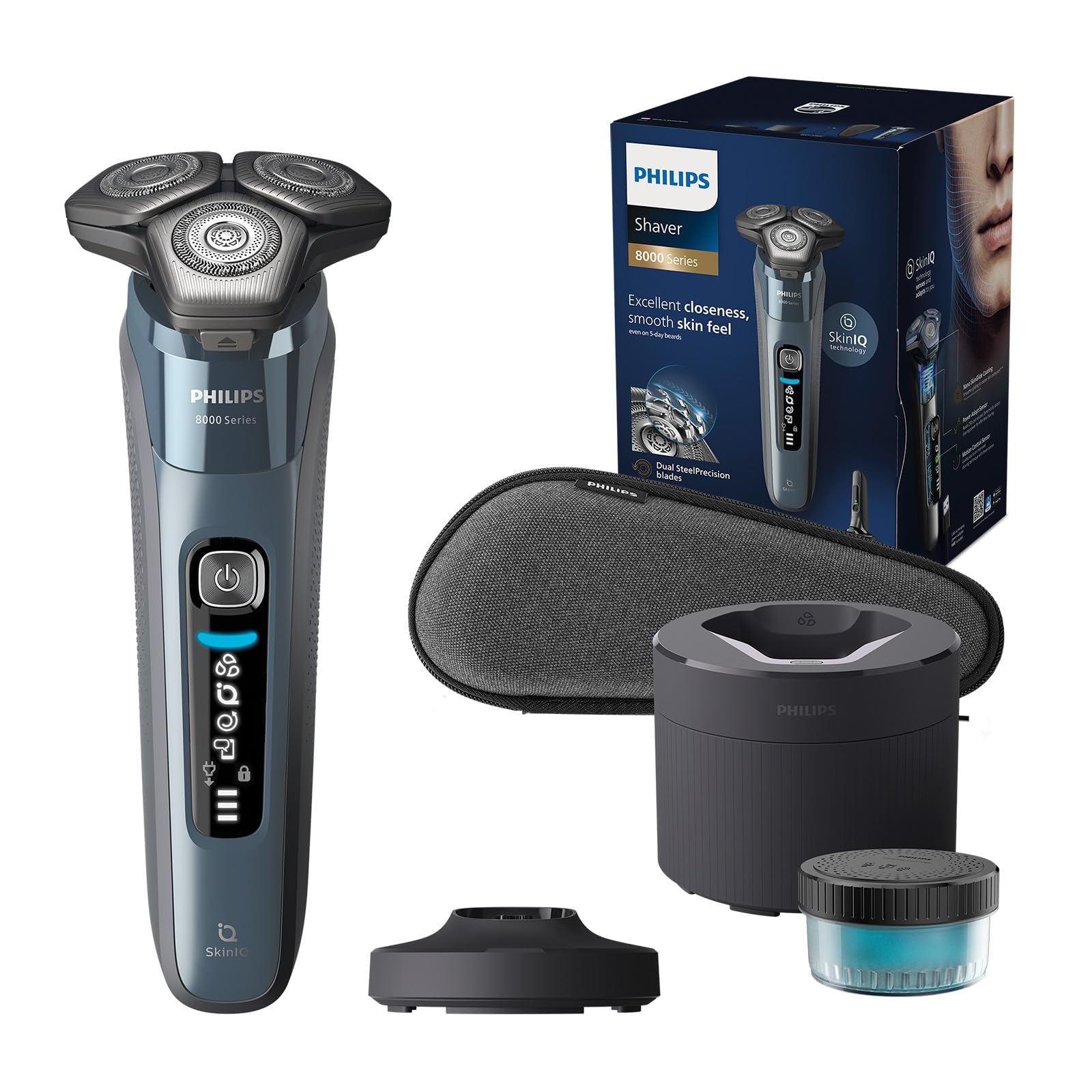 Philips Shaver Series 8000 - Wet & Dry Electric Shaver with SkinIQ Technology in Ice Blue, Razor with Pop-up Trimmer, Charging Stand, Travel Case, Quick Clean pod, Cleaning Brush (Model S8692/55)
