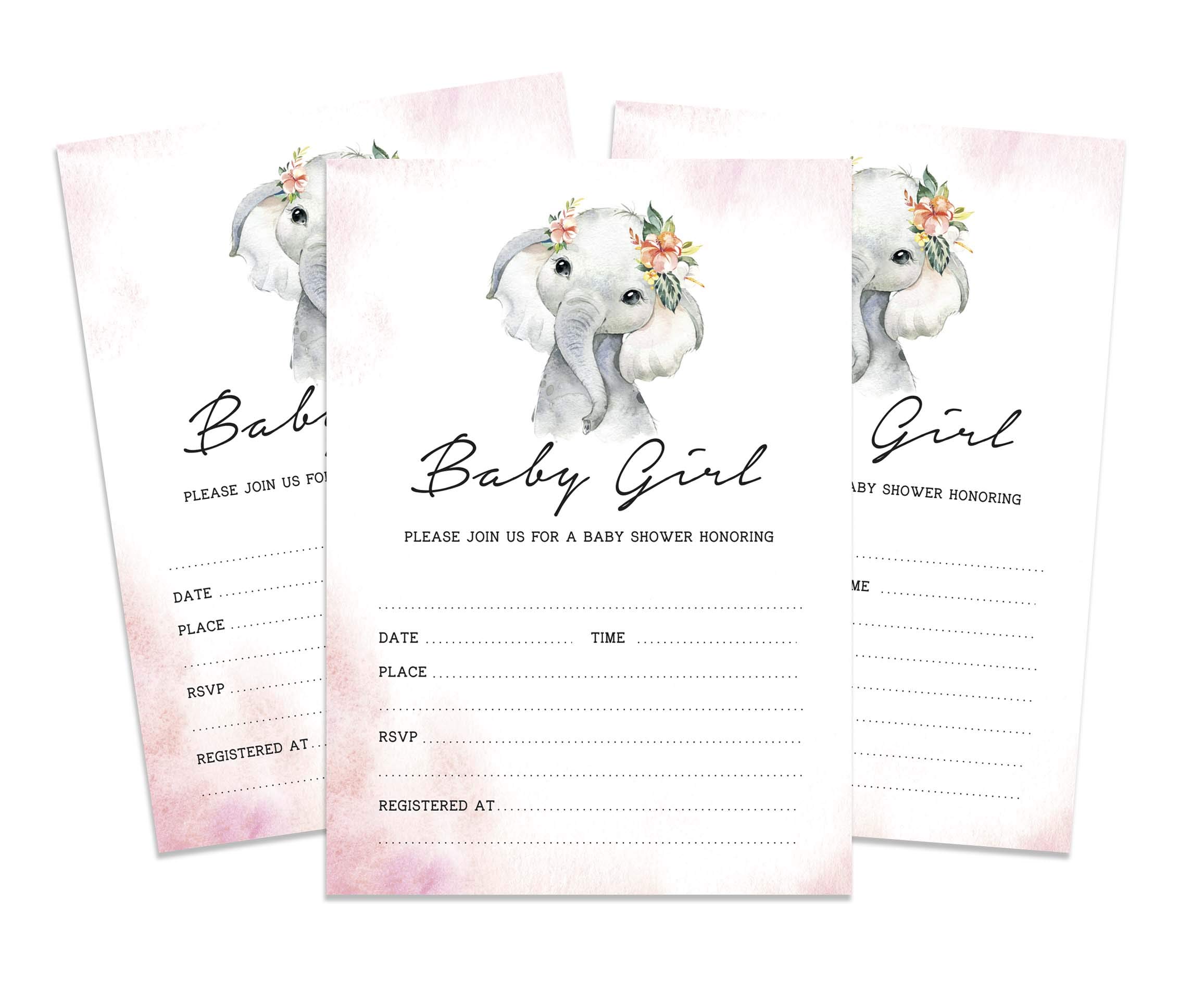 Inkdotpot 30 Fill In Style Baby Shower Invitation Cards Baby Elephant Girl Gender Reveal Blank Invites