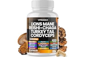 Vitamax Lions Mane Mushroom 3000mg Turkey Tail 2000mg Chaga & Reishi 1000mg Cordyceps Shiitake White Elm King Trumpet Nameko Oyster Focus & Energy - Made in USA 60ct