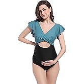 V VOCNI Maternity Swimsuit One Piece Cutout Tie Back Ruffle Pregnancy Bathing Suits Push Up Swimwear
