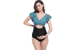 V VOCNI Maternity Swimsuit One Piece Cutout Tie Back Ruffle Pregnancy Bathing Suits Push Up Swimwear