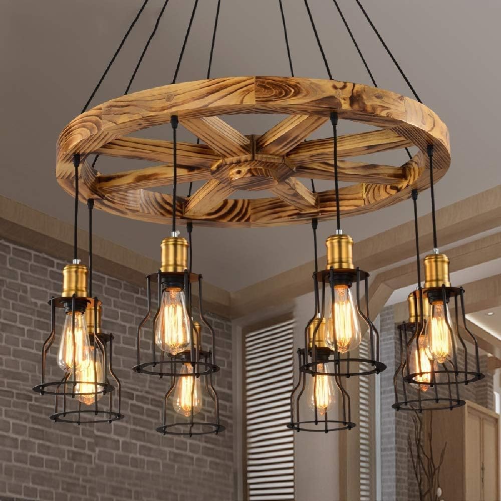 Retro Wheel Chandelier，E27 American Wooden Art Cafe Restaurant Bar Creative Personality Country Helmsman Ceiling Lamp Bar Pendent Lamp 8-Lights YZPDD