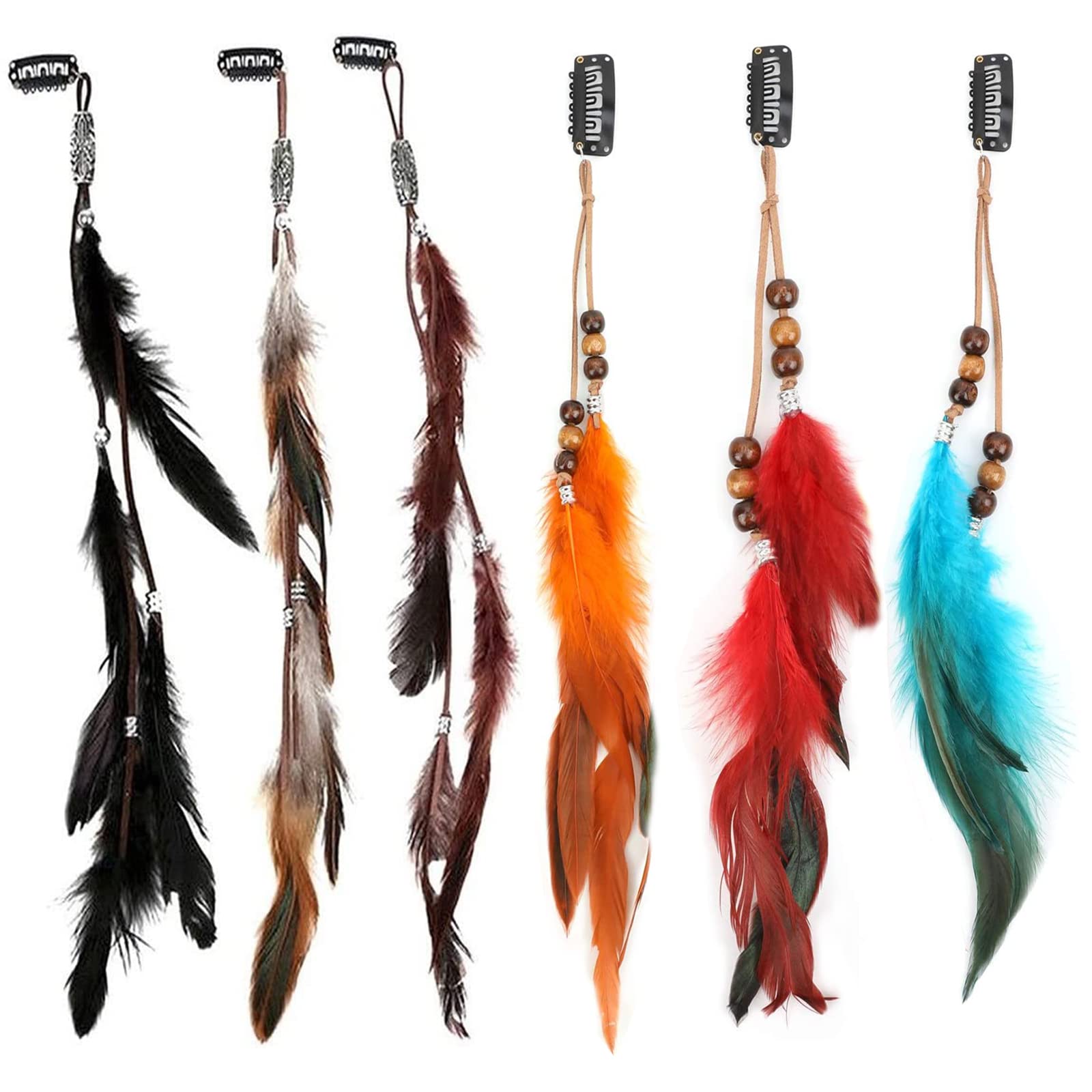 6 PCS Feather Hair Clips, VEGCOO Handmade Boho Hair Extensions DIY Accessories Hippie Hairpin Headdress for Women Girls