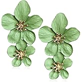 ANDPAI Unique Handmade Bohemian Large Matte Double Yellow Flower Dangle Drop Earrings White Metal floral Stud Earrings For Women Statement Wedding Holiday Jewelry Gifts