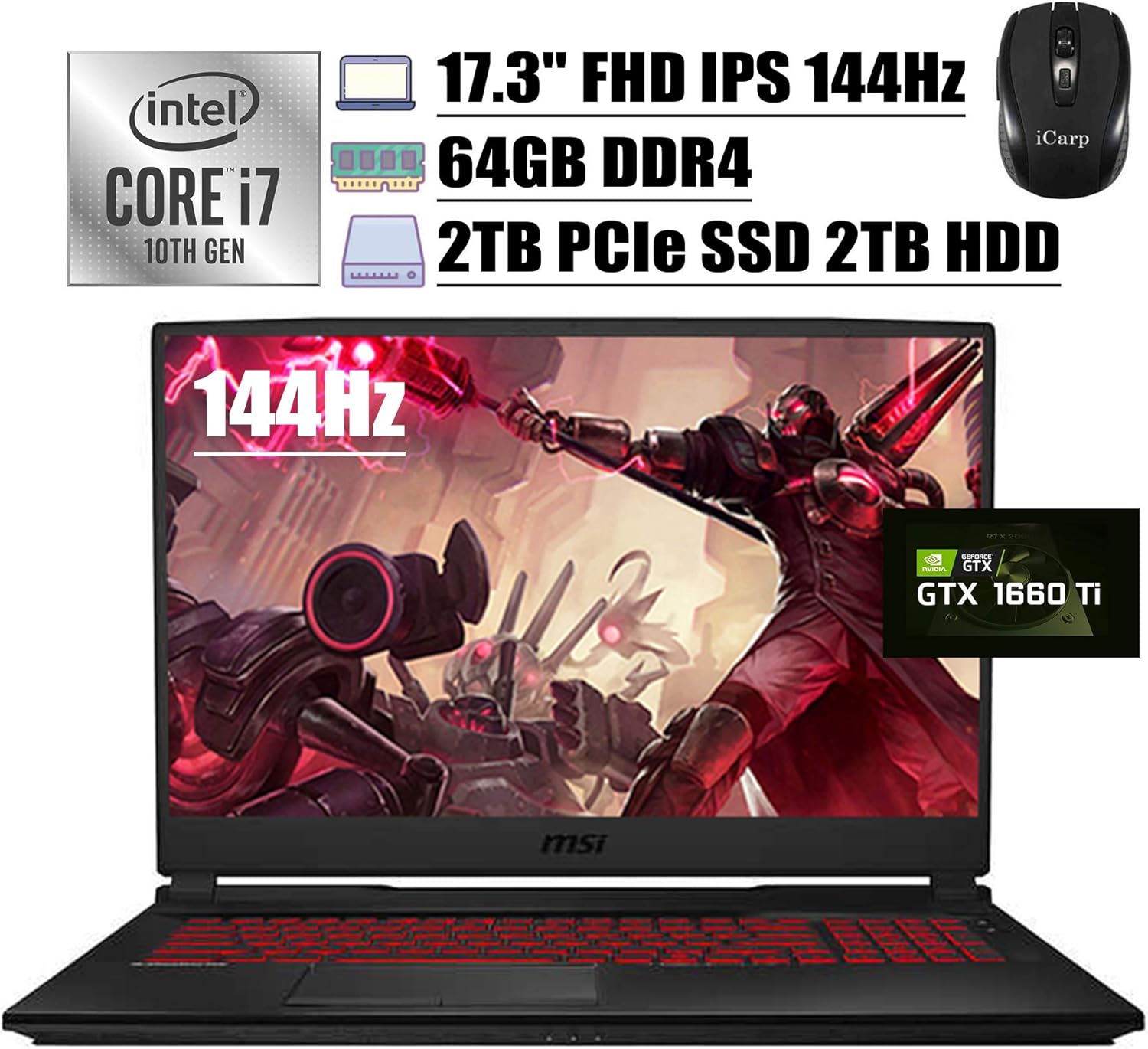 2020 Flagship MSI GL75 Leopard Gaming Laptop 17.3" FHD IPS 144Hz 100% sRGB 3ms Intel 6-Core i7-10750H GTX 1660Ti 6GB 64GB DDR4 2TB PCIe SSD 2TB HDD Backlit Webcam Win 10 + iCarp Wireless Mouse