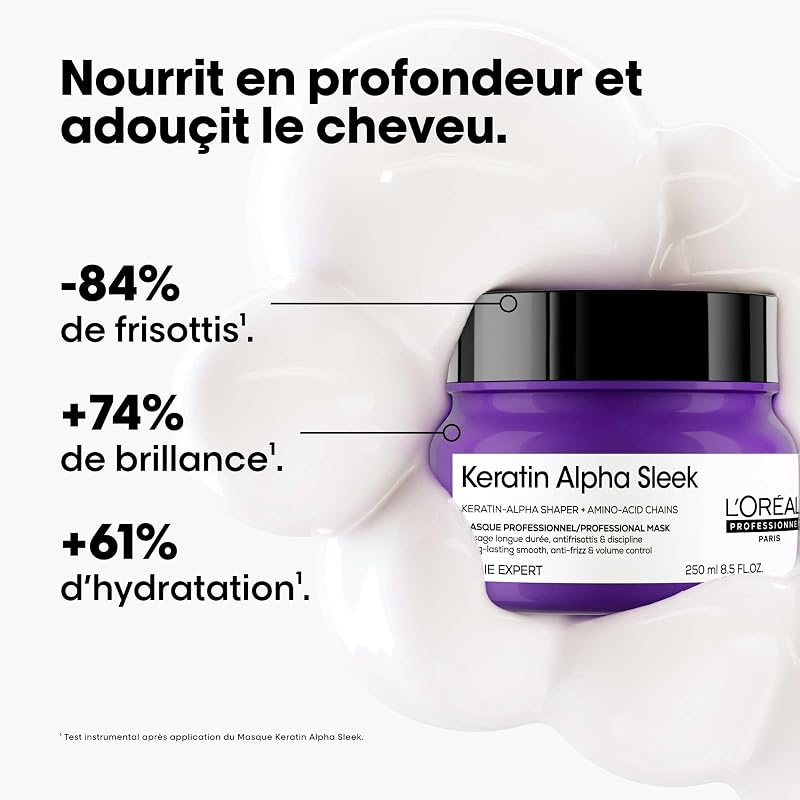 L'OREAL PROFESSIONNEL - Masque Cheveux Disciplinant Keratin Alpha Sleek - -84% de Frisottis - Nourrit en Profondeur & Renforce la Kératine - Technologie Brevetée - 250 ml