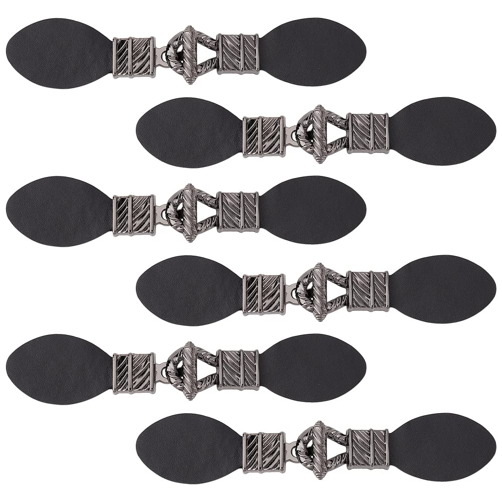 FINGERINSPIRE 6 Pairs Cardigan Clip Holder Sew on Leather Buckles Buckle Poncho Clasp Pin with Knot PU Snap Toggle Cape Wrap Shawl Scarf Accessories, Black Pin, 162x31x8.5mm (FIND-FG0001-89-EU18)