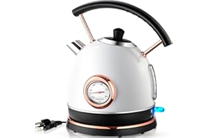 Pukomc Retro Electric Kettle Stainless Steel 1.7L Tea Kettle, Hot Water Boiler with Temperature Gauge, Led Light, Fast Boiling, Auto Shut-Off&Boil-Dry Protection (White)