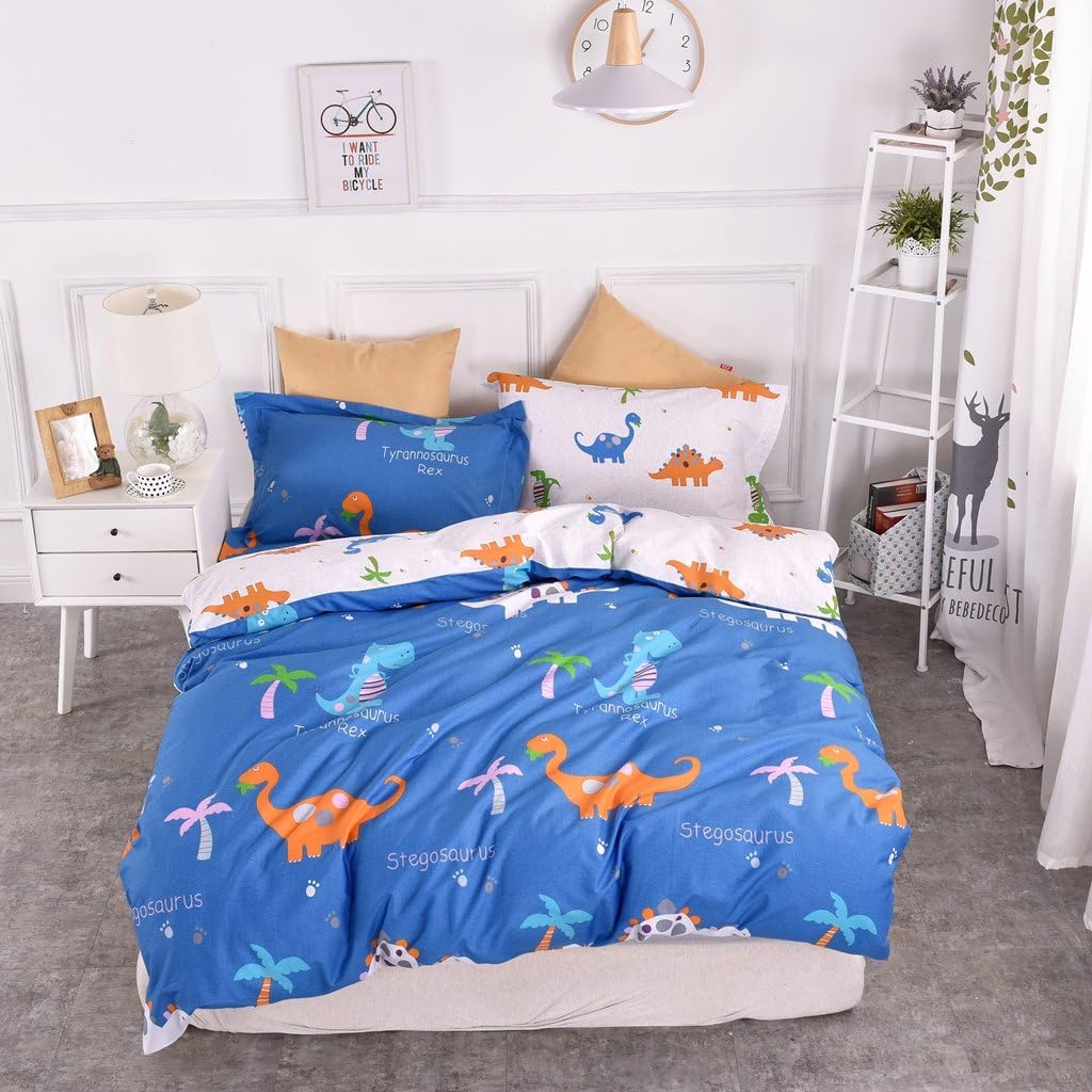 Chesterch Prevoster Kids Duvet Cover Set 100% Organic Cotton,Cartoon Dinosaur Blue Cute Bedding Boys Reversible Comfortable,3 Pieces Comforter Cover and 2 Pillowcases,Full Queen Size