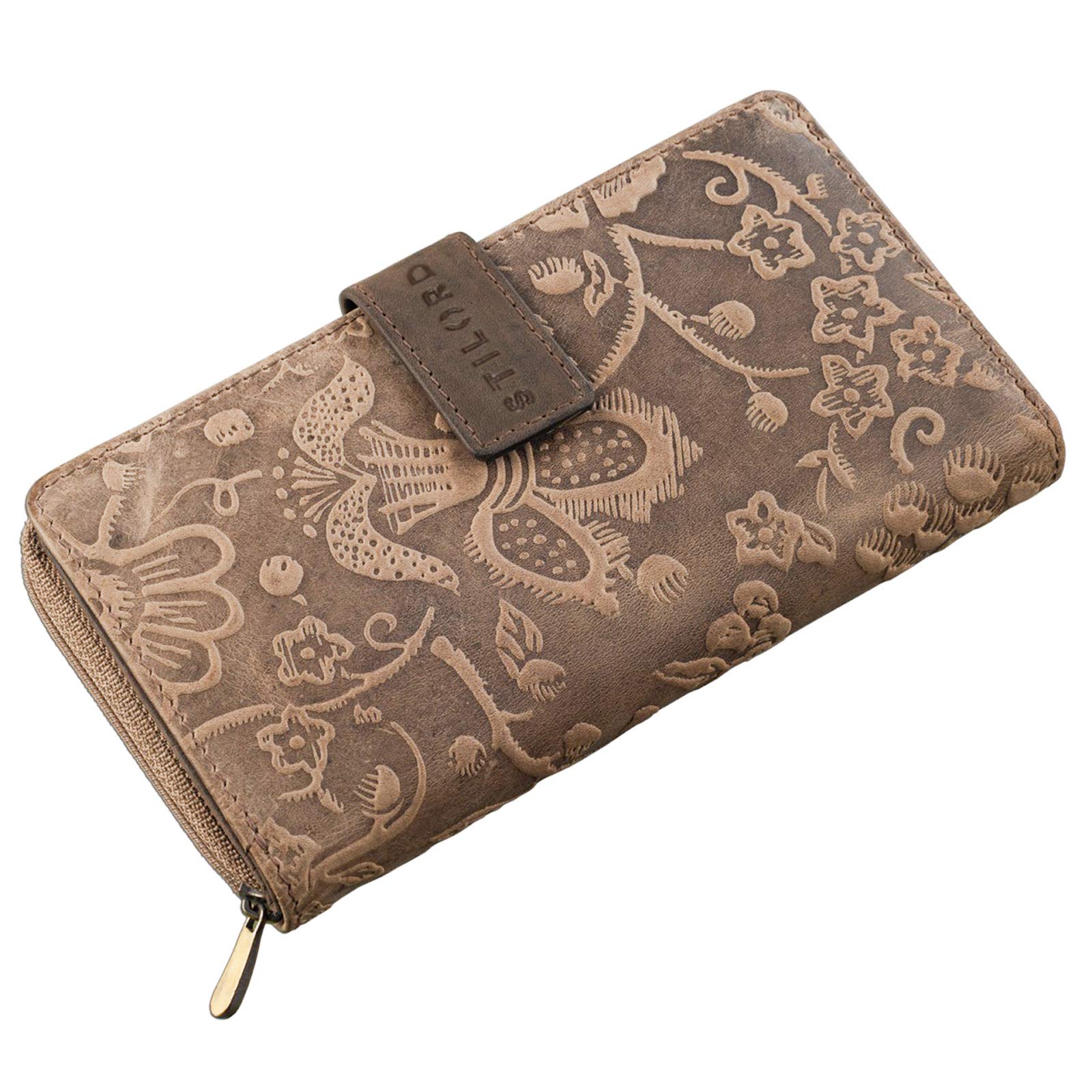 STILORD 'Greta' Vintage Leather Purse Wallet with Flower Embossment with Coin Storage 13 EC-Cards Horizontal Cow Hide Leather, Colour:Sepia - Brown