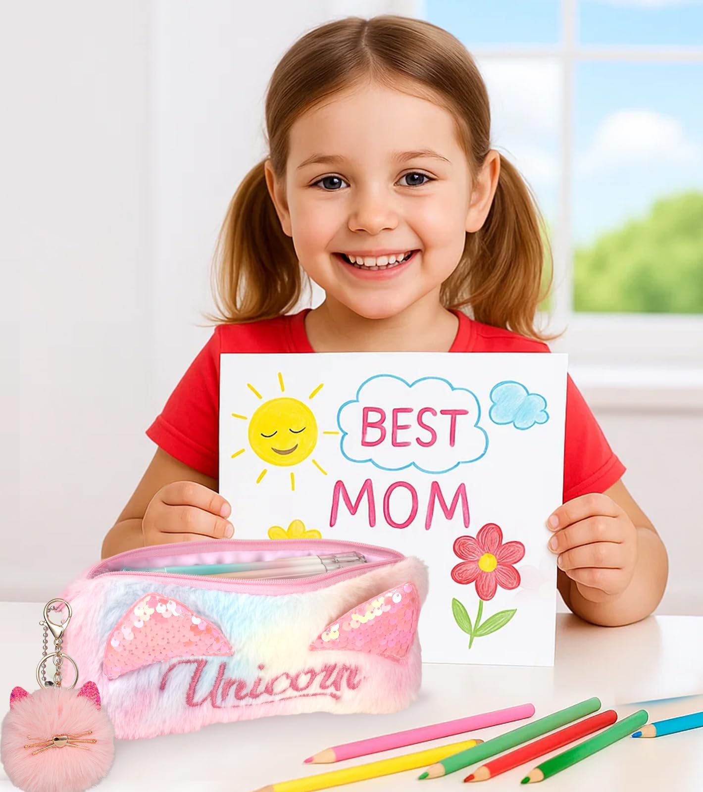 Cute Pencil Case for Girls - Back to School Stuff Zipper Pencil Case Aesthetic, Soft Plush Pen Bag for Students, Glitter Bling Study Supplies Stationery, Sparkly Cat Ear Sequin Makeup Bag