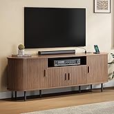 ONBRILL 69" Fluted TV Stand with Power Outlet for TVs up to 80 Inch, Entertainment Center with Storage, Sliding Doors, Adjustable Shelves, Mid Century Modern TV Stand for Living Room, Bedroom, Walnut