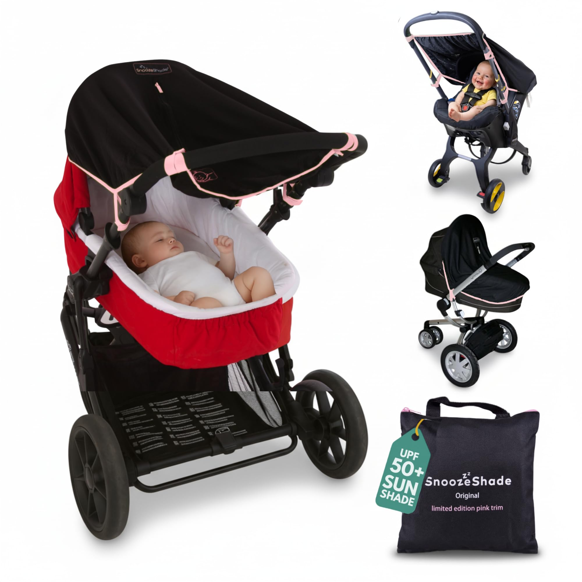 SnoozeShade Original Pram Sun Shade for Newborns Universal Fit Better Than Breathable Blackout Cover with UPF50 Plus Protection Baby Sleep Aid with Limited Edition Pink Trim