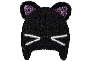 KDVOG Kids Winter Hat Girls Sequin Cat Ears Knit Beanie with Earflaps Outdoor Warm Thick Ski Cap for Ages 3-14