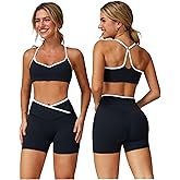 PQBPQB Women 2 Piece Workout Set Cami Straps Padded Colorblock X Back Sports Bra V High Waist Tummy Control Shorts Gym Outfit