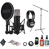 RODE NT1 5th Gen Large-Diaphragm Cardioid Condenser Microphone (Black) | XLR/USB Hybrid Mic for Studio Recording, Vocals, Podcasting & Voiceover (NT1GEN5B) + Headphones + Microphone Floor Stand + More