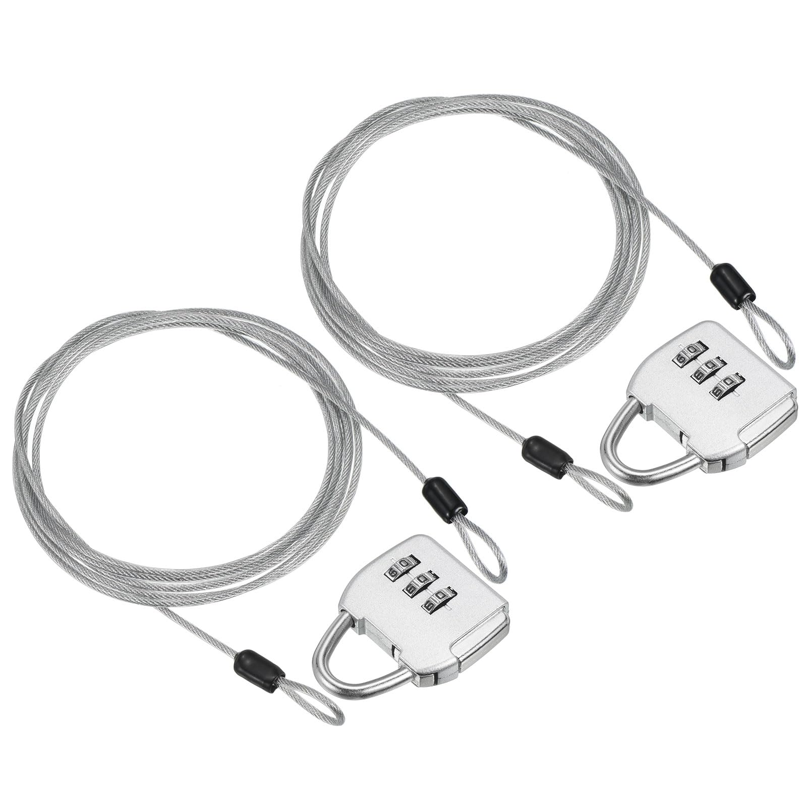 PATIKIL Security Steel Cable with 3 Digit Combination Lock, 2 Set Travel Padlock 6.6Ft Coated Safety Wire Rope Double Loop for Luggage Suitcase, Silver