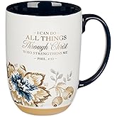 Christian Art Gifts Large Ceramic Coffee & Tea Scripture Mug for Women: All Things Through Christ Encouraging Gold Bible Verse, Non-toxic Cute Brown & Blue Floral Cup, Creamy White & Dark Blue, 15 oz.