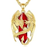 INFUSEU Dragon Necklace Red Crystal Jewelry for Women Men Cubic Zirconia Large Stone Pendant Birthstone January July Birthday Personalized Gifts Gothic Goth Stuff Punk Spiritual Present