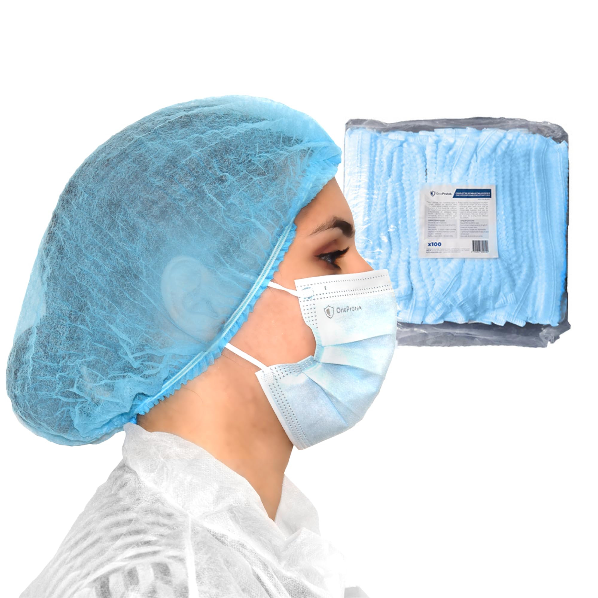 OneProtek - 100 Disposable Hair Net Non-Woven, Blue Medical Hair Cover with Double Elastics, Bouffant Surgical Caps Shower Hat for Kitchen Lab Hospital
