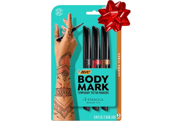 BodyMark by BIC, Temporary Tattoo Marker, Henna Vibes, Skin Safe, Brush Tip, Assorted Colours, 3-Count