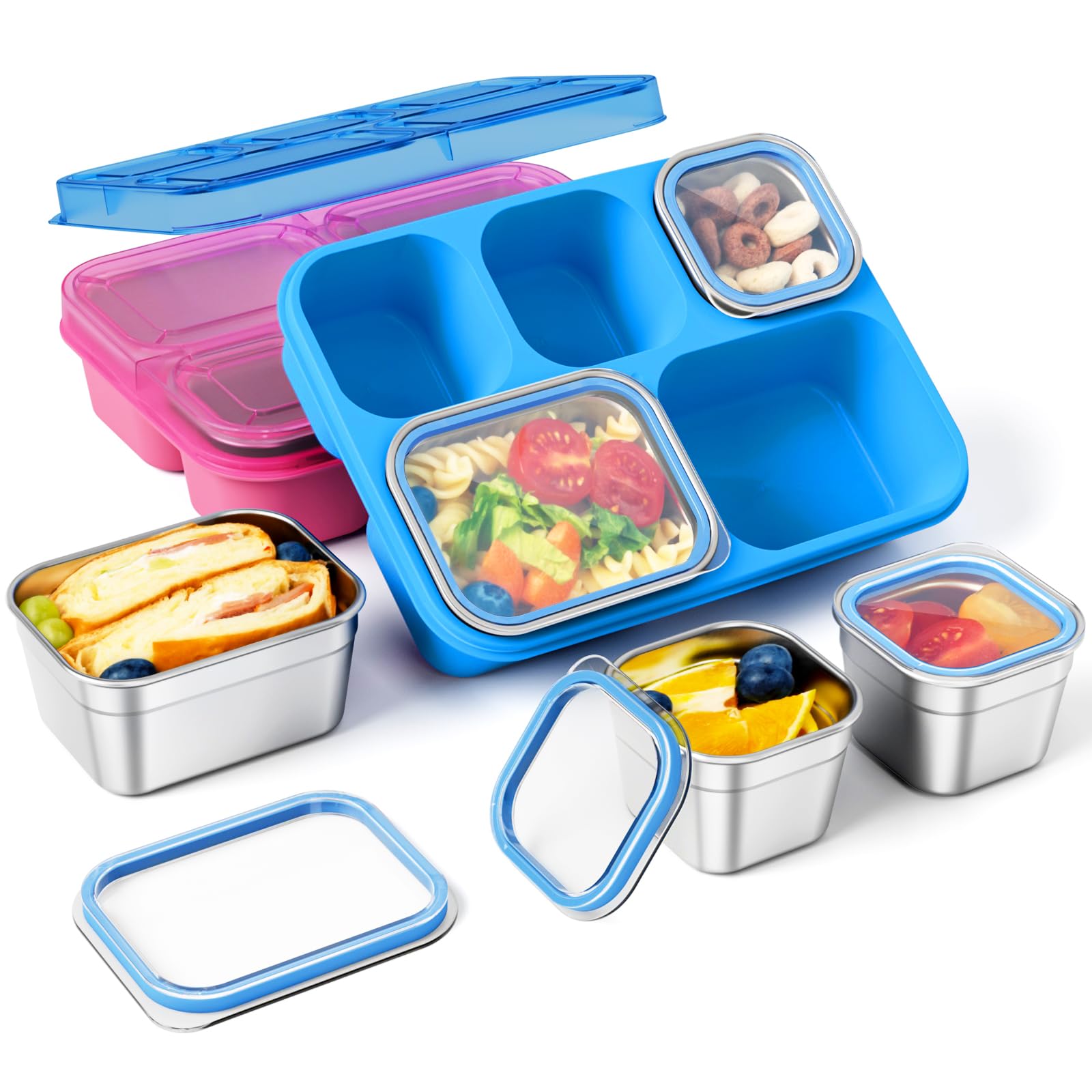 Photo 1 of **PARTIAL SET/MISSING 3 LIDS** Stainless Steel Snack Containers - 2 Pack, BPA-Free Lunch Bento Box with 5 Compartment, Reusable Food Storage Snackle Box for School, Work, and Travel, Dishwasher Safe (Pink/Blue)