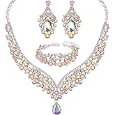 chaoyite Women's Statement Necklace Earrings Link Bracelet Set for Bride Austrian Crystal Wedding Bridal Costume Jewelry Sets